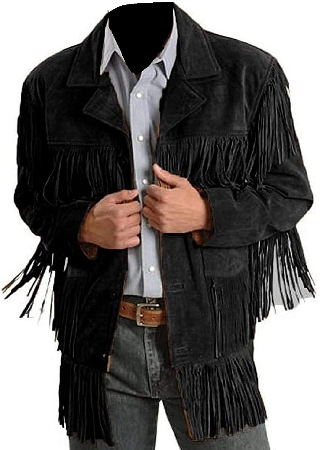 MATARTS Western Cowboy Fringes Suede Leather Jacket for Mens - Native American and Biker Style Classic Fashion Coat (Black) (as1, alpha, x_s, regular, regular)