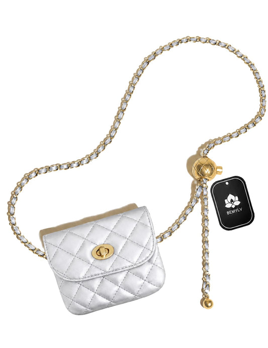 BEMYLV Leather Chain Belt Bag for Women Mini Silver Crossbody Waist Purse Fanny Pack Fashion Evening Clutch Handbag Detachable