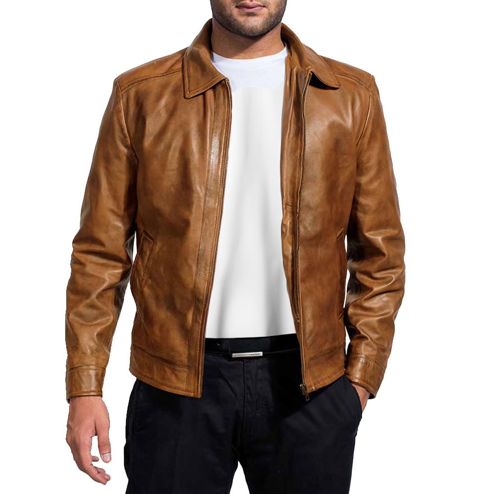 Mens Leather Jacket - Real Lambskin Classic Vintage Style Leather Jackets For Men Brown Leather Jacket for Mens (US, Alpha, 3X-Large, Regular, Regular, Camel)