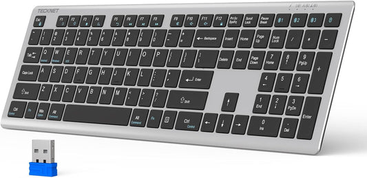 TECKNET 4-Device (2.4G+BT), 12 Bluetooth Keyboard Rechargeable, Free Switching Ultra-Slim Full Size Wireless Keyboard