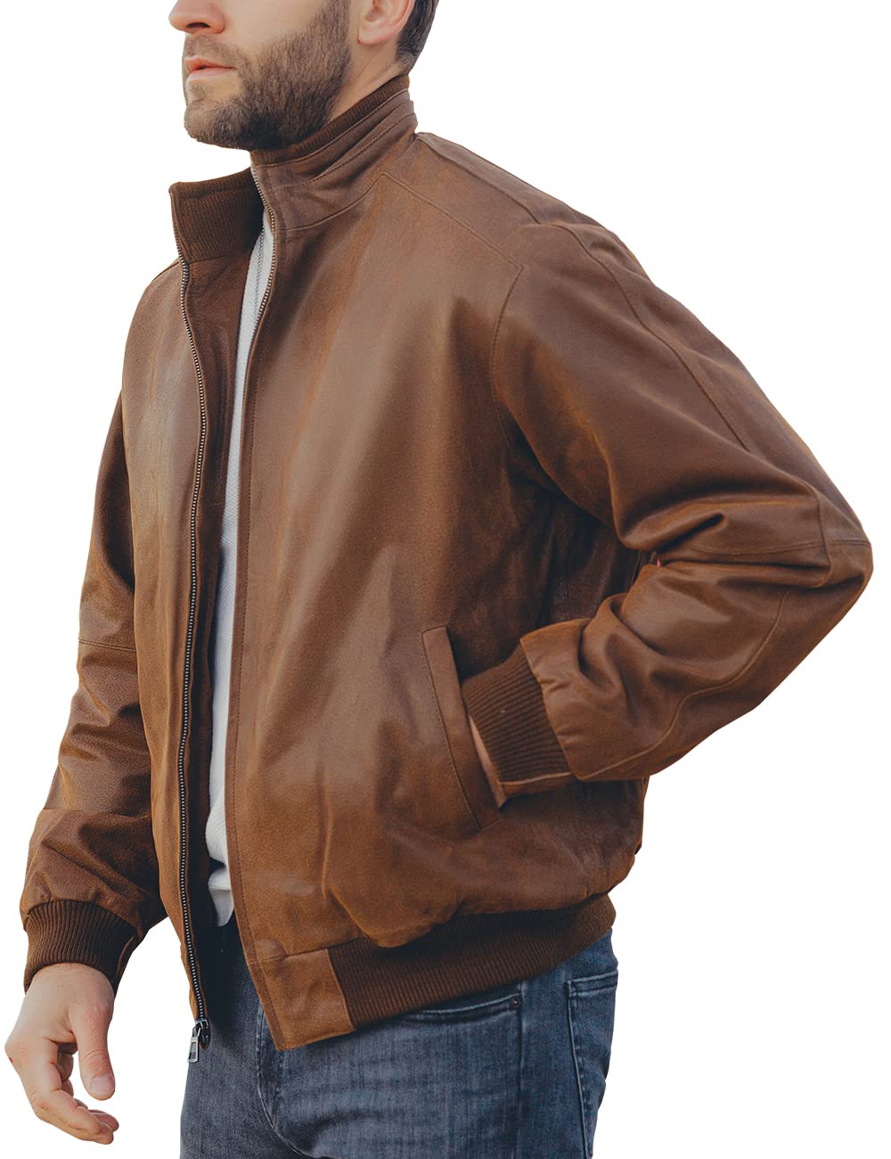 FLAVOR Men's Moto Real Leather Classic Jacket with Stand Collar (Brown, l)