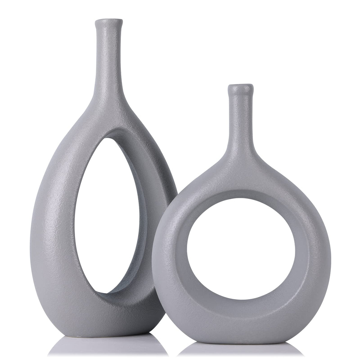 Gray Ceramic Hollow Elliptical Vase Set of 2 - Boho Circle Vase with Hole, for Modern Grey Table Decor, Living Room Decor Shelf mid Century Modern Home Entrance Decorative vase