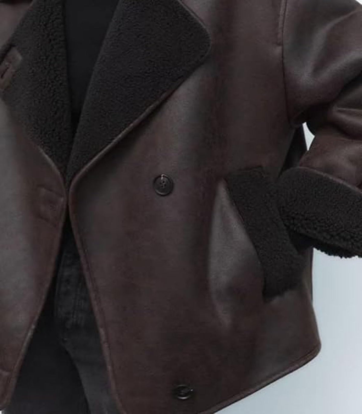 loveimgs Women Thicken Sherpa Lined Faux Suede Jacket Oversized Leather Coat Shearling Fleece Moto Jacket Biker Winter Overcoat (Medium, Brown)