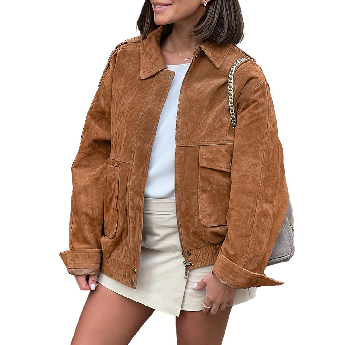 chouyatou Women Vintage Faux Suede Jacket Zip Up Bomber Jacket Lapel Collar Cropped Biker Moto Jacket Coat (XX-Large,Brown)