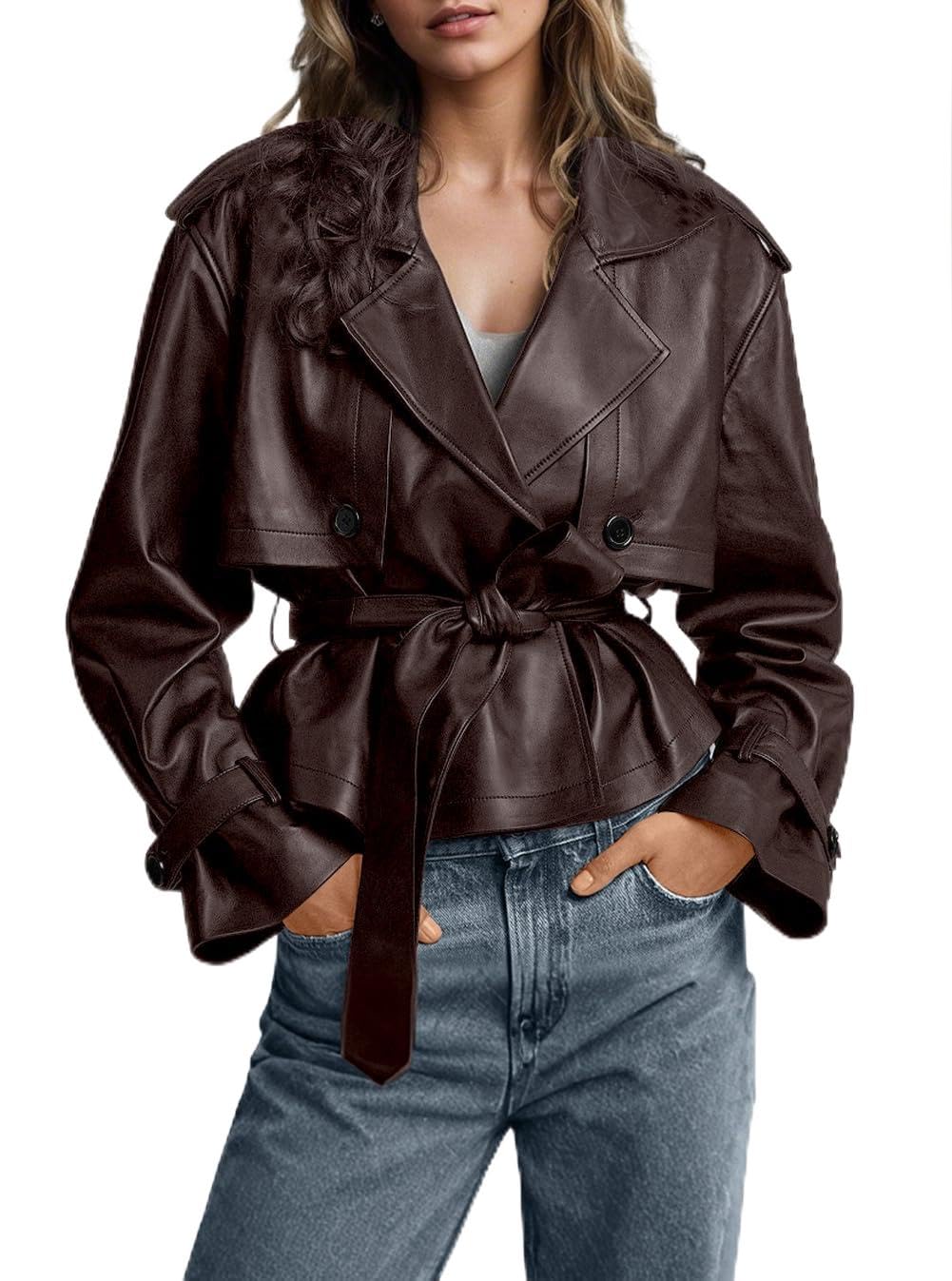 chouyatou Women's Fall Belted Faux Leather Jacket Modo Business Casual Faux Leather Short Trench Coat (X-Large, Brown)