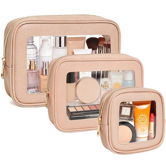 3Pcs Clear Makeup Bag Set for Women, Waterproof Travel Clear Makeup Bag Small Toiletry Bag Skincare Pouch Portable Travel Cosmetic Bag with Zipper Compact Car Organizer Bag for Essentials (Pink Set)