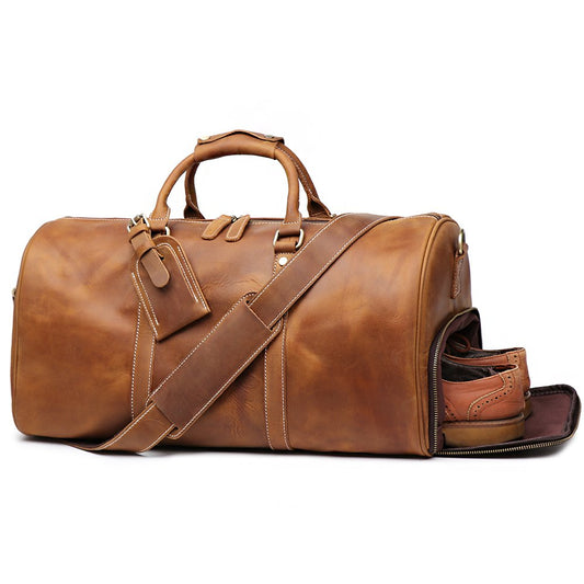 Leathfocus Leather Travel Luggage Bag with Ykk Zipper, Mens Duffle Retro Carry on Handbag (Brown)