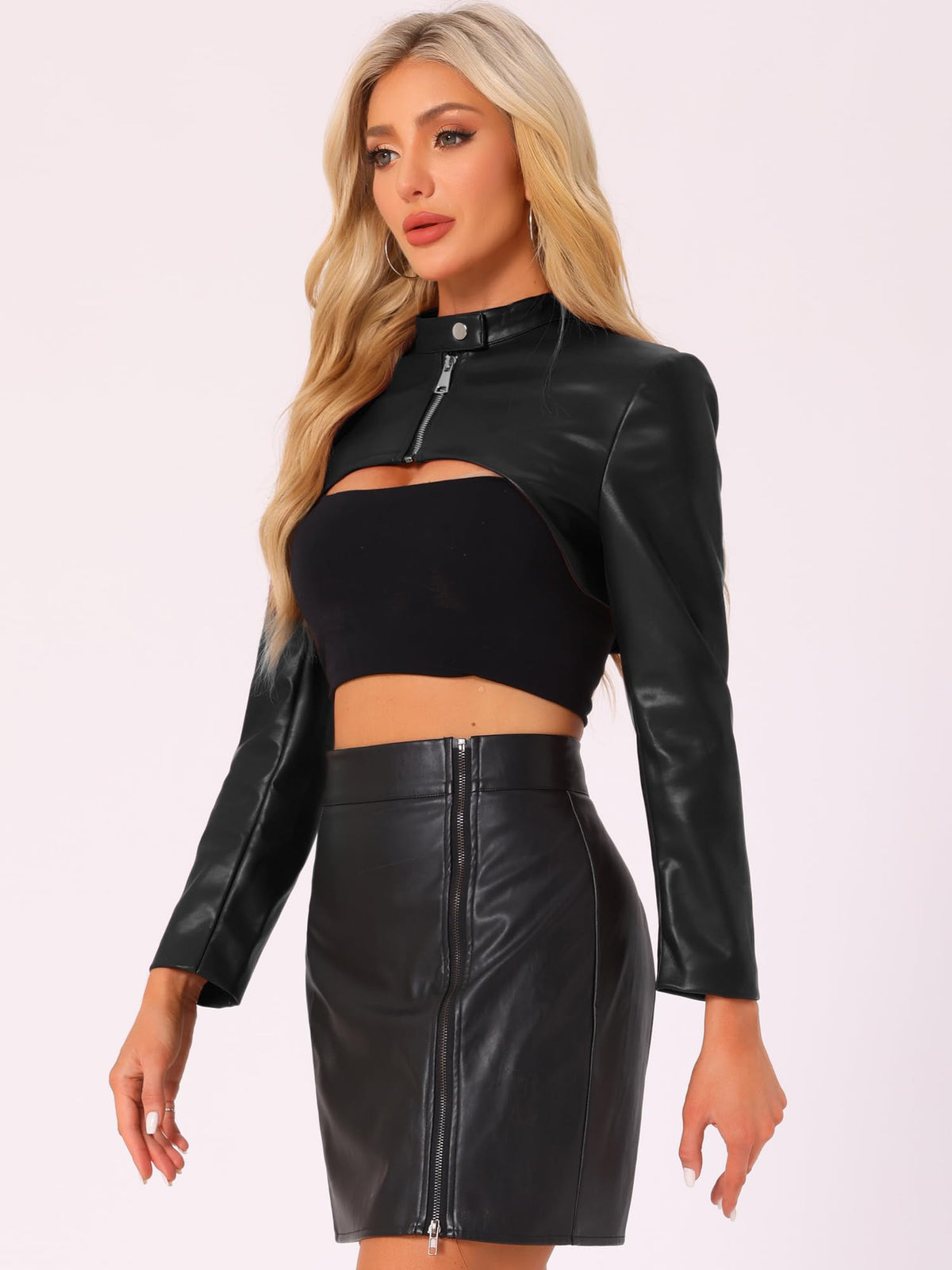 Allegra K Women's Faux Leather Cropped Top Stand Collar Zipper Front Moto Biker Long Sleeve Jacket Coat Small Black