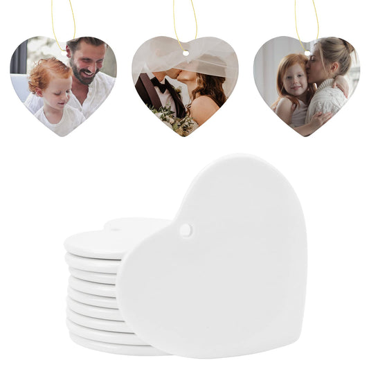MAIKESUB 10 PCS Sublimation Blank Ceramic Ornament Heart Shaped Ornament 2.9 Inch White Heart Shapet with red String for Crafting Christmas Tree Decor for DIY Personalized Home Decor Bulk