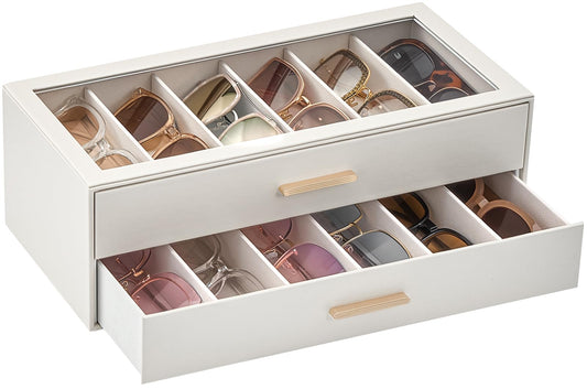 Lolalet 12 Slots 2-Layer Sunglasses Storage Box for Women, Eyewear Eye Glass Sunglass Organizer with Clear Top Lid Display Holder Case for Eyeglass Watch Jewelry -Beige