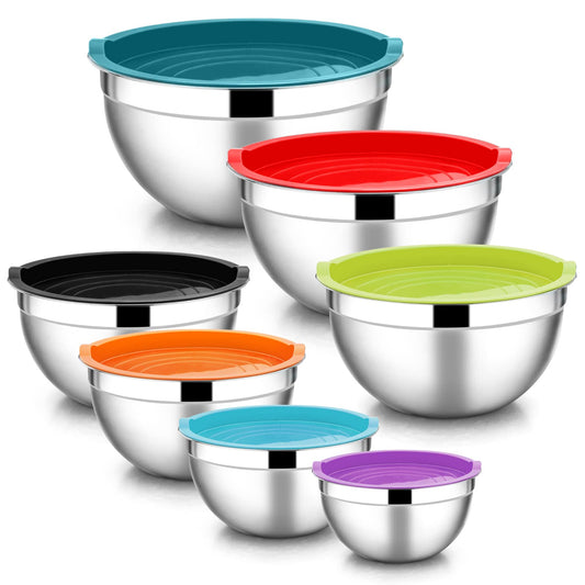 E-far Stainless Steel Mixing Bowls with Lids, 7-Piece Metal Nesting Bowls with Colorful Airtight Lids for Saving Storage Space, Size 7, 4.6, 3, 2, 1.5, 1, 0.7QT, Great for Baking/Cooking/Prepping