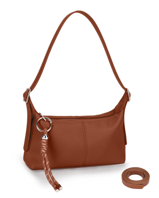 Small Shoulder Bag for Women - Crossbody Bag for Women, Mini Slouchy Shoulder Purse with Cute Keychain Charm & Adjustable Strap, Cognac