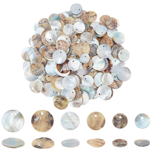PH PandaHall 240 Pieces 3 Styles 10/12/15mm Natural Shell Beads, Flat Round Mother of Pearl Beads Shell Coin Charms Bead for Craft Making, Home Decoration, Necklace, Bracelet DIY