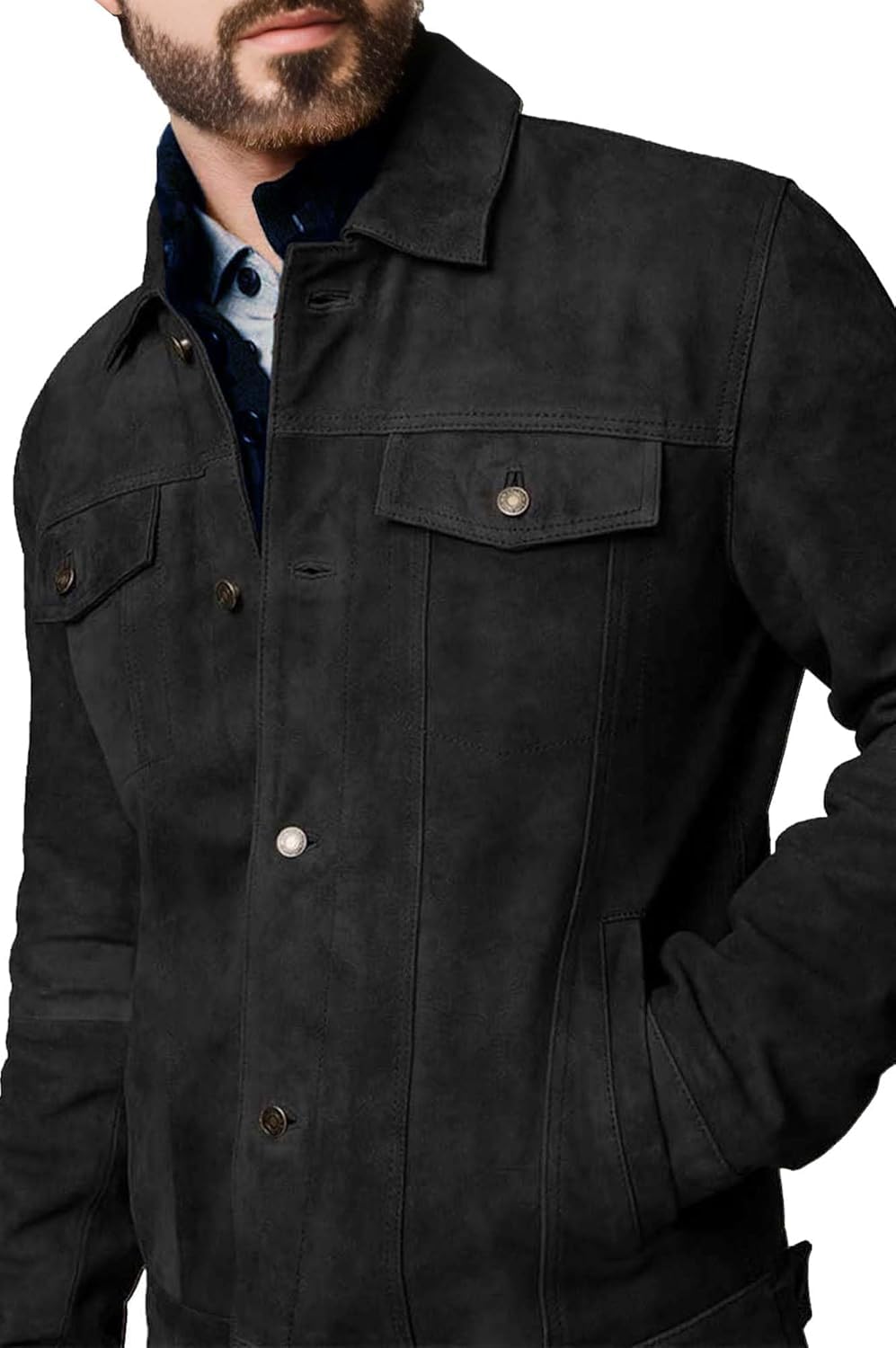 Men's Suede Leather Jacket Real Lambskin Suede Casual Leather Jackets For Men Suede Trucker Coat for Mens (US, Alpha, Large, Regular, Regular, Black)