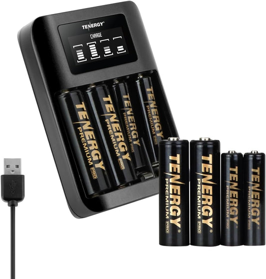 Tenergy 4 Pack 4 Pack TN474U Premium Pro AA and AAA Rechargeable Batteries and Portable Battery Charger, Ideal for High