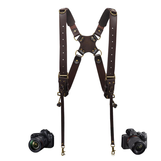 4J LEDR Dual Camera Harness Strap for Two-Cameras,Dual Shoulder Full Grain Leather Harness,Multi Double Camera Gear for DSLR/SLR Strap,Double Camera Harness for Photographers,Small Size,Brown