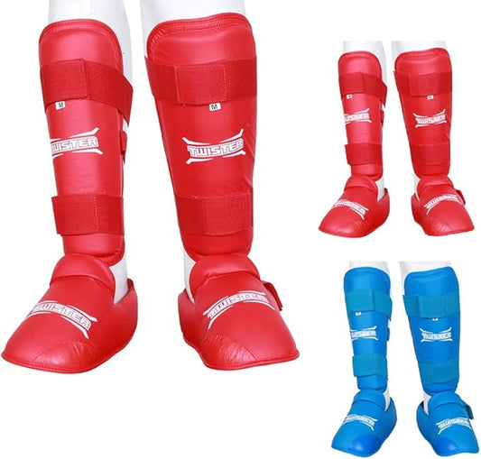 Twister WKF Karate Shin Guards | Taekwondo Shin-N-Step | Detachable Shin Guards with Foot Protection | Premium Quality Leg & Foot Protection for Karate, Taewkondo, Muay Thai, and MMA