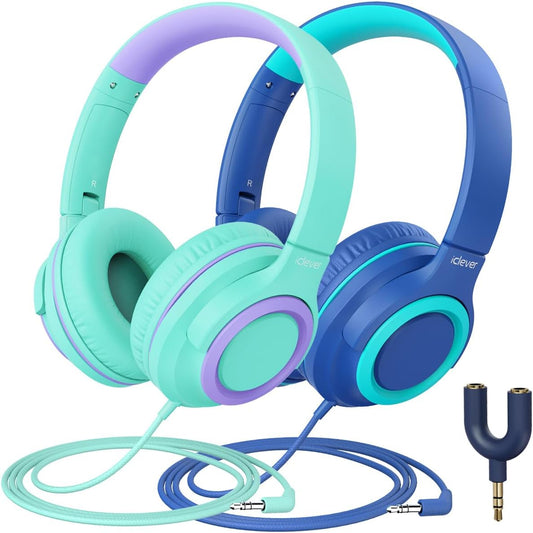 2Pack 85dBA HS22 3.5mm iClever Kids Headphones with Sharing Splitter - Safe Volume Limited - Wired Headphones for Kids