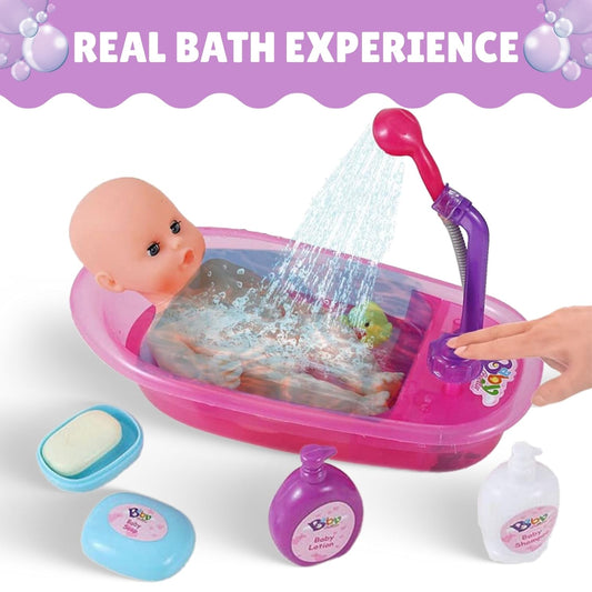 Liberty Imports Baby Bath Toys 13-Inch Little Newborn Doll Bath Set - Real Working Bathtub with Detachable Shower Spray and Accessories for Kids Pretend Play