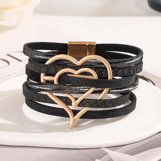 Boho PU Leather Wrap Bracelets for Women Bohemian Heart Multi-Layer Bangle Bracelets Jewelry Gift for Women- Black