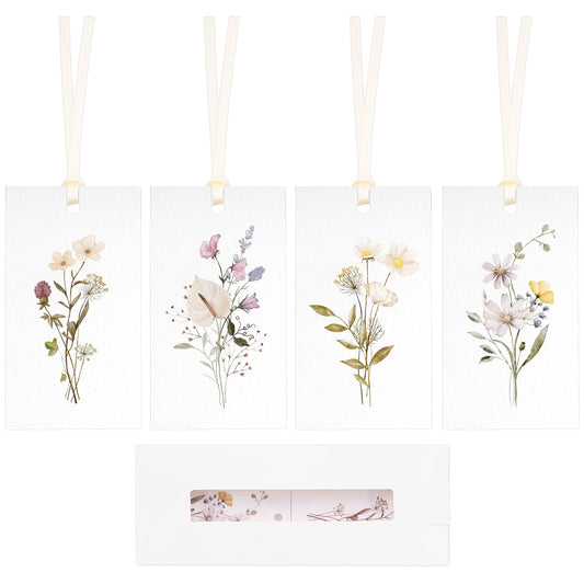 joycraft 60Pcs Floral Blank Gift Tags with Ribbons, 3.5×2 in Watercolor Bouquet White Paper Hangtags with Gift Box, 4 Styles Gift Wrapping Tags for Mother's Day, Wedding, Baby Shower, Birthday