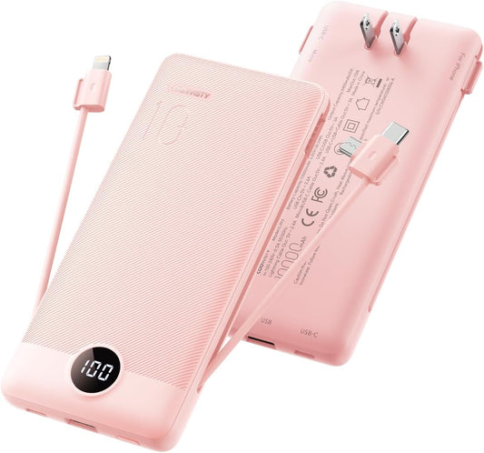 Coowisty 10000mAh Pack Portable Charger Built-in Cables and Wall Plug, Slim USB C Power Bank, LED Display External