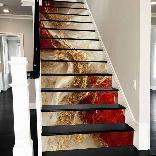 REDAMANCY Golden Ruby Crystal Fluid Marble Geometric Mosaic Peel and Stick Vinyl Stair Riser Decals Staircase Tile Stickers Decor Modern Marble Decoration Self-Adhesive(14 Pcs)