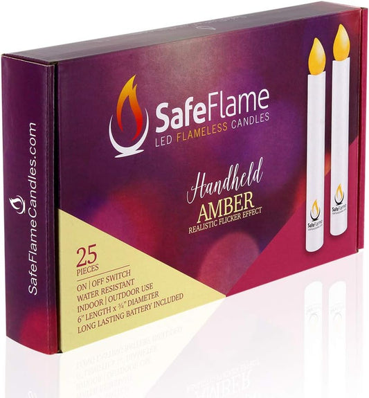 SafeFlame Flickering LED Handheld Candles - Battery Operated with Easy On/Off Switch - Box of 25 (Amber)