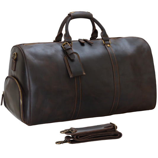 Leather Duffle Bags for Men with Shoe Compartment – 23.6" x 12.6" x 11" Travel Bag, Gym Bag, Also Suitable for Crossbody or Shoulder Carry, Dark Brown Large Size