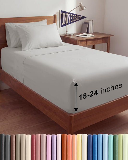 Skiennix Extra Deep Twin XL Sheet Set | 4-Piece Breathable Cooling Bedding - Soft, Wrinkle-Free French Grey