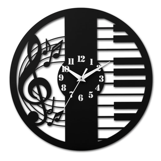 CIGERA 12 Inch Music Themed Wall Clock - Piano Key & Musical Note Design, Silent and Battery Operated - Perfect for Music Room, Studio Decor - Gift for Pianists, Musicians & Music Lover