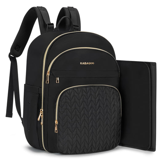 KABAQOO Baby Diaper Bag Backpack, Waterproof Diaper Backpack for Mom & Dad with Changing Pad, Insulated Pockets and Stroller Straps, Baby Shower Gifts for Girls & Boys, Black
