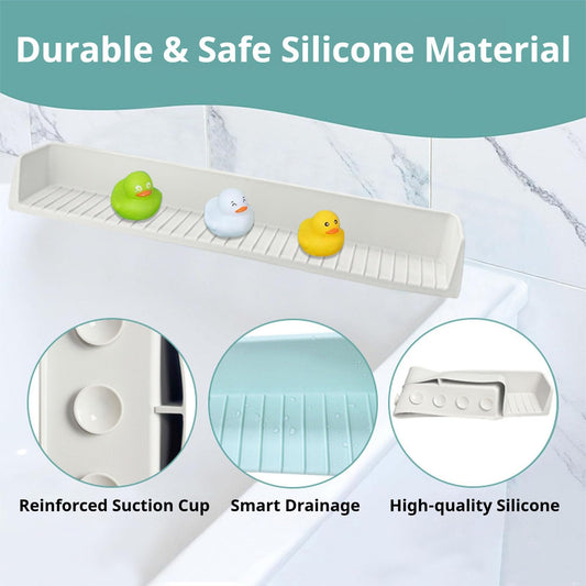 Bathtub Splash Guard for Kids – Silicone Bath Tub Splash Guard with Suction Cups, Tub Topper Play Shelf & Toy Holder, Fun Bath Time for Toddlers Baby (Gray)