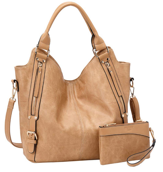 Women Tote Bag Handbags PU Leather Fashion Hobo Shoulder Bags with Adjustable Shoulder Strap (Apricot, M)