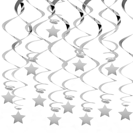 20 PCS Silver Hanging Stars for Ceiling, Silver Star Streamers Foil Swirls Party Decorations for Ceiling Graduation Wedding Baby Shower Party Supplies