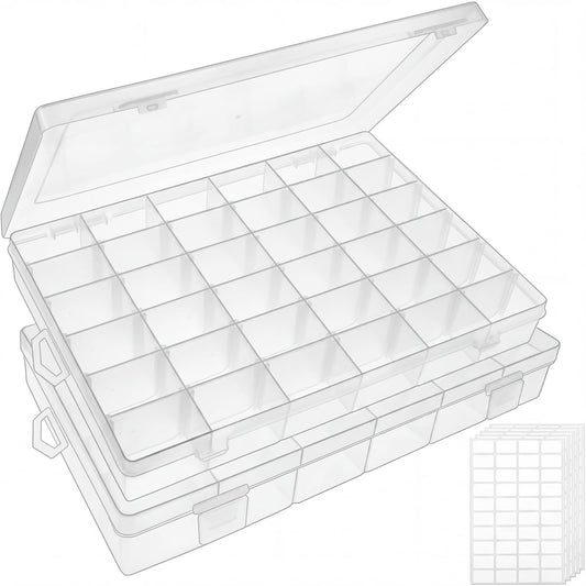 OUTUXED 2 Pack 36 Grids Clear Plastic Bead Organizer Box, Fishing Tackle Box Compartment Organizer with Adjustable Dividers for Jewelry, Art Craft, Bead Storage Containers with 5 Sheets Label Stickers