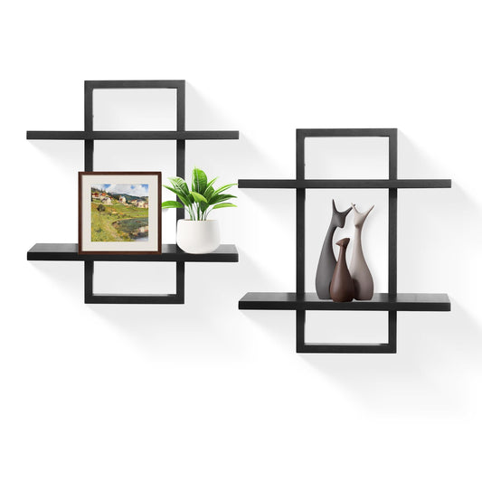PHOENANCEE Floating Shelves for Wall,Display Hanging Shelf Set of 2,Modern Decorative Plants Shelves,Wood Home Decor Storage Chic for Living Room Bedroom Bathroom Office,Oak Frame,2-Tier Black
