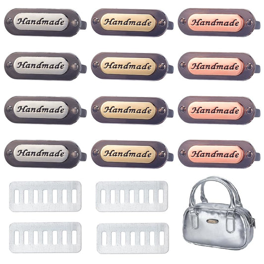 WEBEEDY 12 Set Handmade Metal Labels with Shim, Handmade Crochet Purse Tags for DIY Sewing Craft, Crochet Bag, Purse, Handbag, Tote, Backpack, Clothing Handmade Decorative Tag, Rose Gold/Gold/Silver