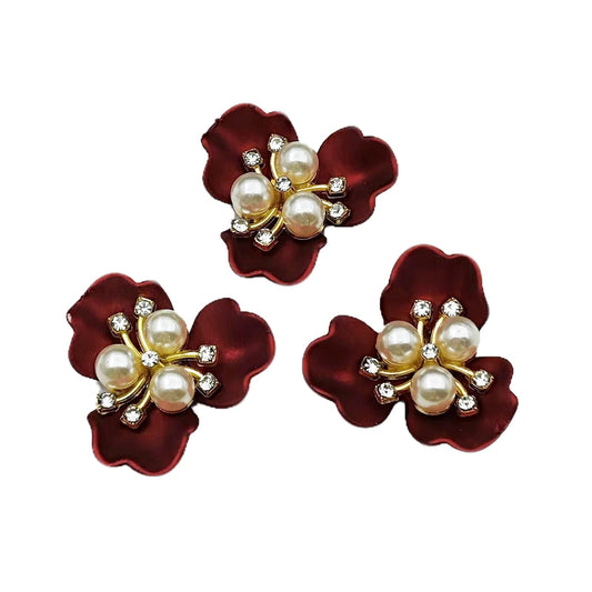 YOOGCORETT 10pcs Pearl Rhinestone Flat Back Embellishments Sew On Buttons Flower Buttons for DIY Craft, Bags Shoes Dress Decoration, 28 x 26mm, Red