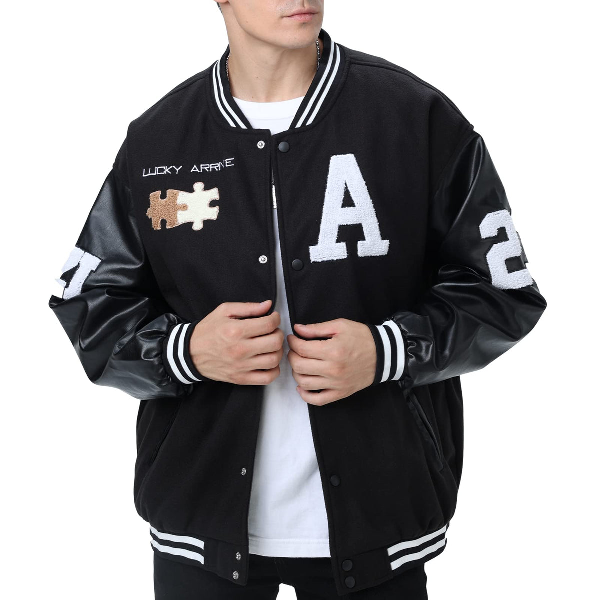 Moshtashio Mens Varsity College Jacket Baseball Bomber Jacket Vintage Sweatshirt Casual Unisex Streetwear Coats with Patch (1 Black, X-Large)