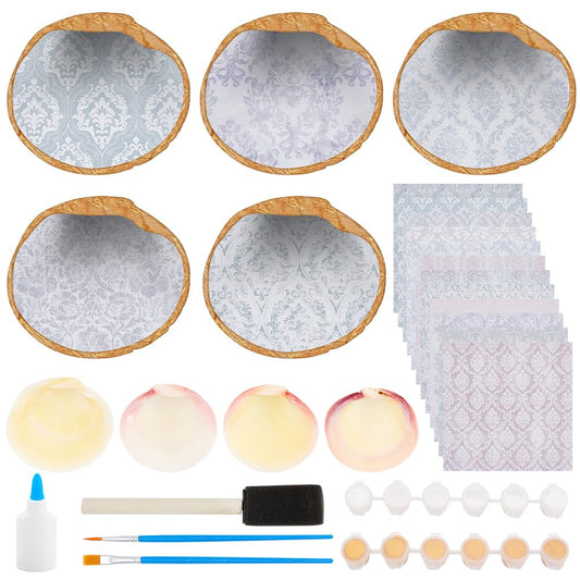 WEBEEDY 5 Sets Oyster Shell Jewelry Dish Kit Ring Holder Tray Trinket Dish with Decoupage Paper Jewelry Organizing Tray Adults Craft Kit for Earrings Rings Bracelet Necklace Storage