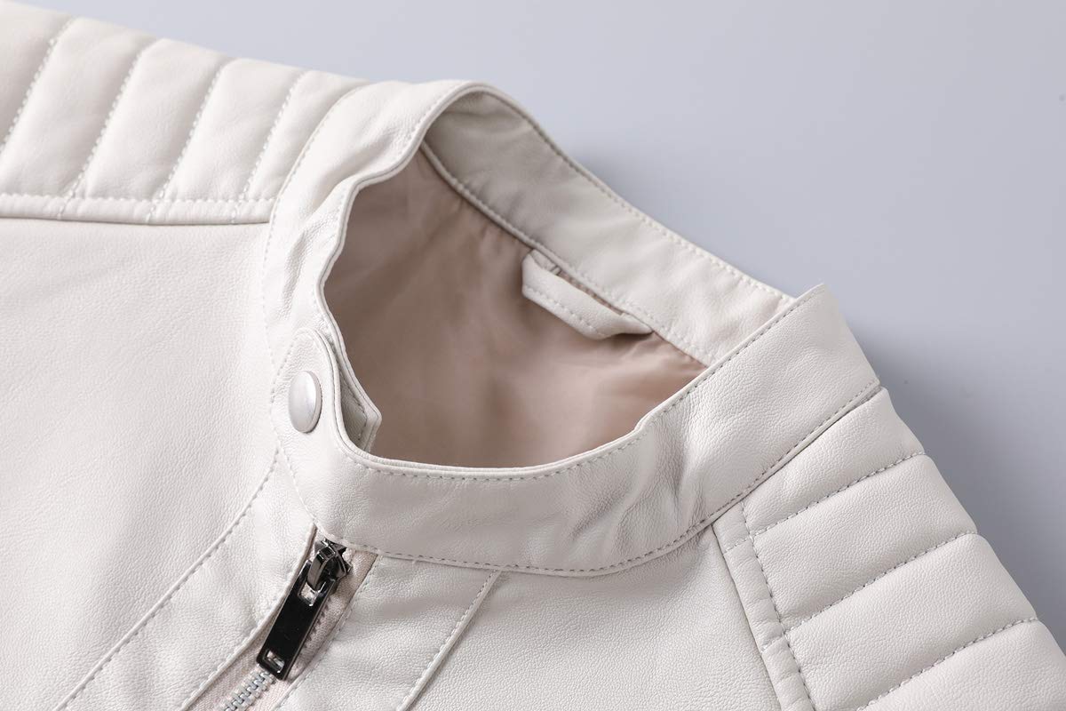 Womleys Mens Casual Stand Collar Slim Fit Faux Leather Jacket Biker Motorcycle Jacket (Ivory, Medium)
