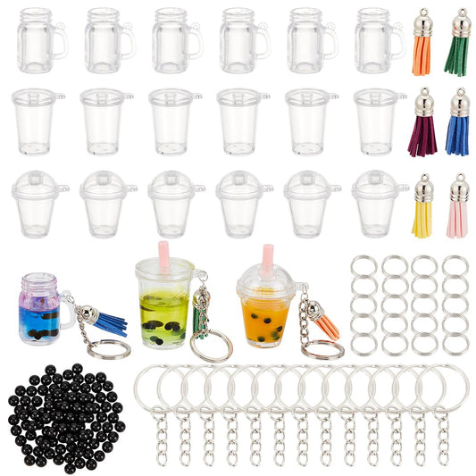 OLYCRAFT 218pcs Mini Cup Keychain Kit NO-Glue Bubble Tea Keychain Accessories Set Bubble Tea Keychains Kit Mini Cup Pendants with Rings Tassels Bubbles Straws for Key Chain DIY Earring Making