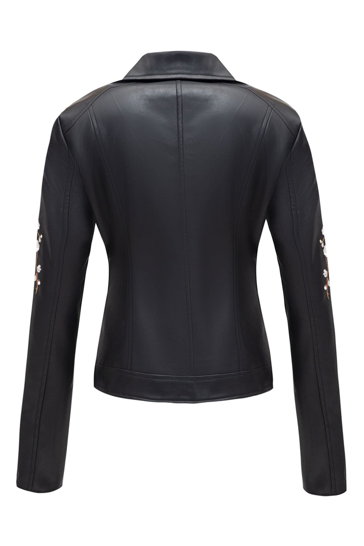 Bellivera Women's Faux Leather Embroidered Casual Lapel Jacket Floral Lightweight Moto Biker Coat for Spring Fall 1702021 Black M