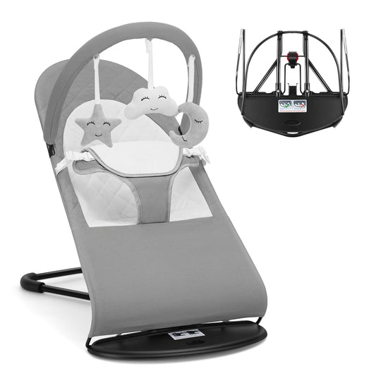Portable Baby Bouncer Seat for Babies 0-18 Months, 100% Cotton Fabrics, Adjustable Multi Position Baby Bouncer Seat, Infant Rocker Chair with Hanging Toys-Light Grey