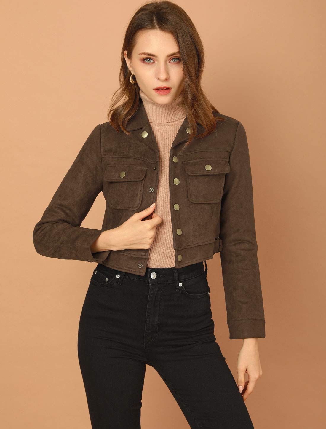Allegra K Women's Casual Faux Suede Notched Collar Button Up Cropped Jacket with Pockets Small Coffee