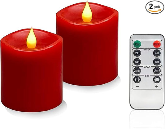 Red Flameless LED Candles 3 inch Diameter Real Wax 2AA Battery Operated 600hr+ Flickering Candles with Timer Remote Control for Halloween Thanksgiving Christmas Wedding Indoor (Red, 3″×3″- 2 PCS)