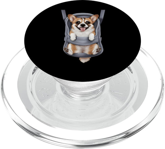Corgi Puppy Lover PS Funny Corgi Puppy In A Baby Carrier. Dog Lover PopSockets PopGrip for MagSafe