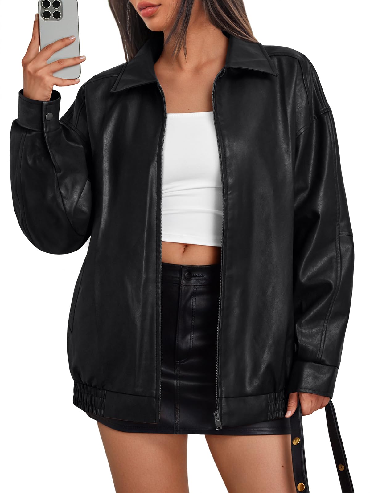 Trendy Queen Womens Leather Jacket, Oversized Night Out & Everyday Statement Piece, Bomber Jackets Fall Moto Coat Black M
