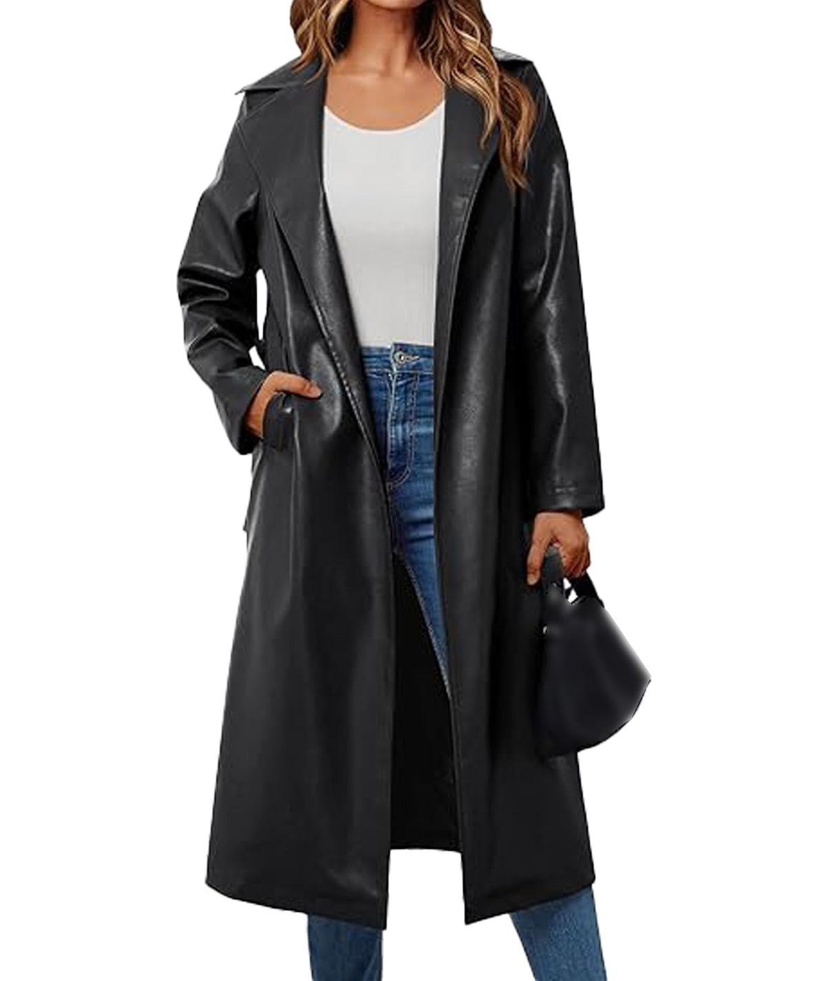xxxiticat Women's Leather Trench Coat Long Sleeve Open Front Motorcycle Lapel Belted Tie Long Black Faux Leather Jacket(BL,S)